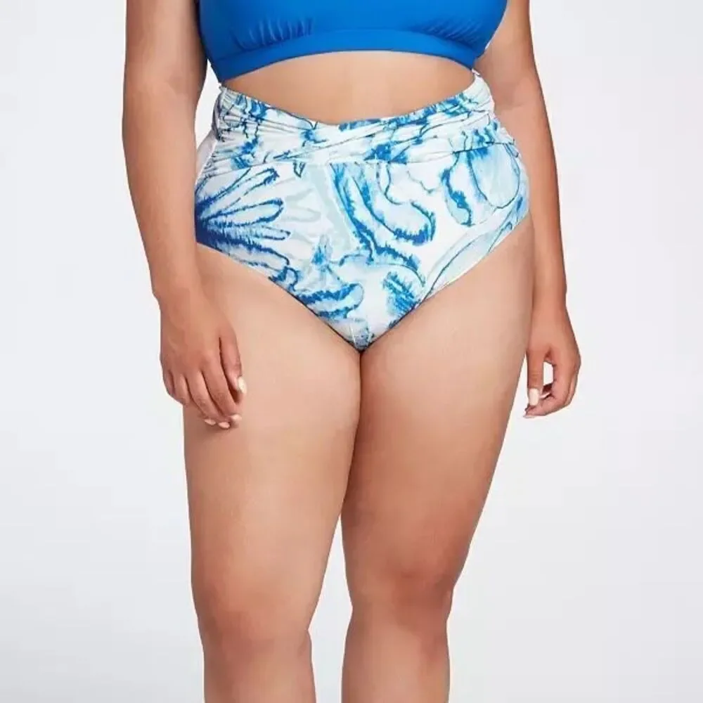 NWT CALIA XL High Waisted Twist Front Swim‎ Bottoms Tummy Control Blue White